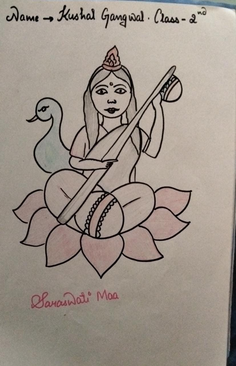 HOW TO DRAW SARASWATI DRAWING WITH STEP BY STEP FOR KIDS / EASY SARASWATI  DRAWING WITH PASTEL COLOR - YouTube